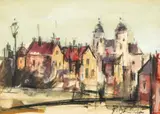 Radu Darânga, Vedere din Oradea, acuarelă și cărbune pe hârtie