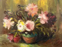 Bujori by Pia Căpşuneanu Massaci, ulei pe carton, sold Feb 2026