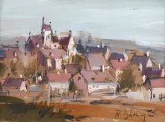 Radu Darânga, Vedere din Cluj, tempera, acuarelă și cărbune pe hârtie