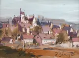 Radu Darânga, Vedere din Cluj, tempera, acuarelă și cărbune pe hârtie