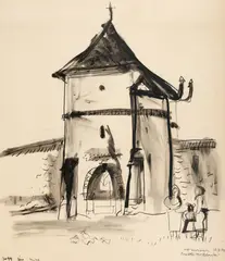Dragoș Morărescu, Poarta Moldoviței, 1954, tuș pe hârtie