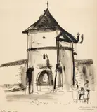 Dragoș Morărescu, Poarta Moldoviței, 1954, tuș pe hârtie