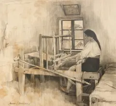 Război de țesut by Alexandru Moscu, cărbune pe hârtie lipită pe carton, sold Feb 2026