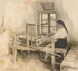 Alexandru Moscu, Război de țesut, cărbune pe hârtie lipită pe carton