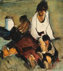Corneliu Baba, Odihnă la câmp (Studiu), 1957, acuarelă, creioane colorate și tuș pe hârtie