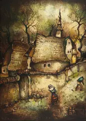 Scenă sătească by Gheorghe Vrăneanțu, 1977, ulei pe carton, sold Feb 2026