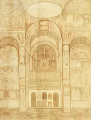 Interior de biserică by Horia Bernea, 1989, acuarelă și creion pe hârtie, sold Feb 2026