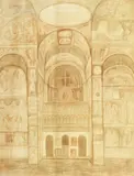 Horia Bernea, Interior de biserică, 1989, acuarelă și creion pe hârtie