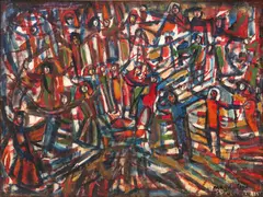 Spectacol by Magdalena Rădulescu, 1970, ulei pe pânză, sold Feb 2026