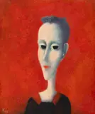 Portret pe fond roșu by Irina Katz Mazilu, 1985, ulei pe pânză, offered Feb 2026