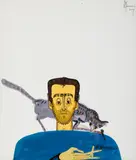 Sorin Ilfoveanu, Bărbat cu pisică, 2009, acrilic pe pânză