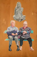 Dumitru Gorzo, Bunicii stau în parc, 2003, ulei pe lemn