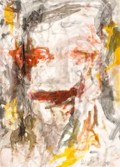 Aurel Cojan, Clown, 1993, acuarelă și creion pe pânză