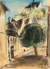 Francisc Șirato, Stradă din Sighișoara, 1939, pastel și tuș pe hârtie