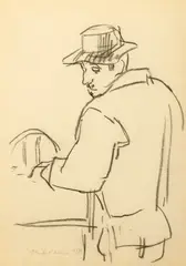 Țăran la ghiseu by Traian Brădean, 1958, cărbune presat pe hârtie, sold Feb 2026