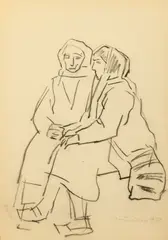 De vorbă by Traian Brădean, 1958, cărbune presat pe hârtie, offered Feb 2026