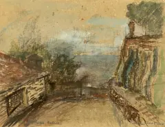 Dan Palade, Balcic. Alee spre mare, 2005, acuarelă, tempera, creion și creioane colorate pe carton