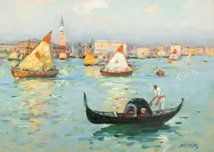 Dimitrie Florian, Gondole la Veneția, 1985, ulei pe carton