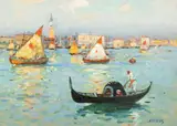 Dimitrie Florian, Gondole la Veneția, 1985, ulei pe carton