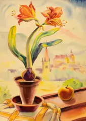 Carol Hübner, Crini la fereastră, 1938, acuarelă pe hârtie