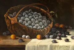 Coș cu prune by Cornel Raţiu, ulei pe carton, sold Jan 2026