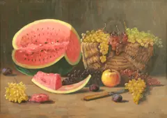 Cornel Raţiu, Natură statică cu pepene și struguri, ulei pe carton