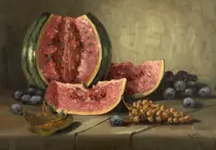 Cornel Raţiu, Natură statică cu pepene, ulei pe carton