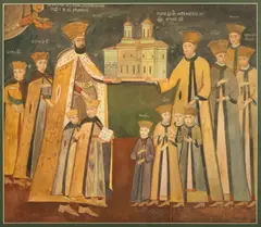 Vasile Hudici, Constantin Brâncoveanu și familia sa (după fresca bisericii mănăstirii Horezu), acuarelă și guașă pe hârtie