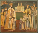 Vasile Hudici, Constantin Brâncoveanu și familia sa (după fresca bisericii mănăstirii Horezu), acuarelă și guașă pe hârtie