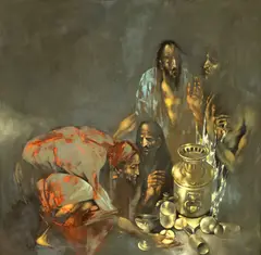 Ovidiu Oprea, Negustori I, 1996, ulei pe pânză