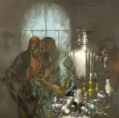 Ovidiu Oprea, Negustori II, 1996, ulei pe pânză