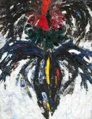 Lupta cocoșilor by Mihai Gheorghe, 1999, ulei pe pânză lipită pe placaj, sold Jan 2026