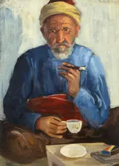 Ahmet-Ali savurându-și cafeaua by Aurelia Frânculescu, ulei pe carton, sold Jan 2026