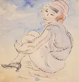 Jules Pascin, French woman with pink scarf, акварел и туш върху хартия