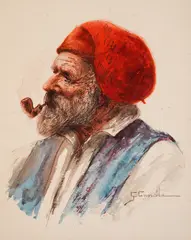 Georgi Kanela, Portrait of a man with a pipe, акварел върху хартия
