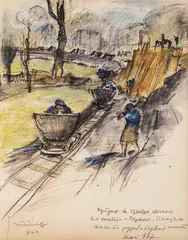 Nikola Tanev, The first bridge, 1947, сух пастел, въглен и акварел върху хартия