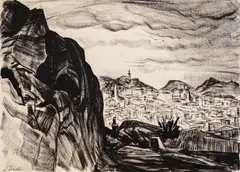 Boris Denev, View from Nebet Tepe, Plovdiv, end of 1930's, туш върху хартия