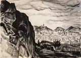Boris Denev, View from Nebet Tepe, Plovdiv, end of 1930's, туш върху хартия