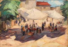 Nikola Tanev, Market in Karlovo, 1940's, маслени бои върху платно