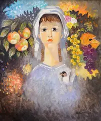 Girl with a bird by Suli Seferov, 2001, 2021, маслени бои върху платно, sold Dec 2025