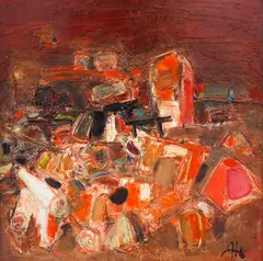 Nikolay Yanakiev, Composition in red, 1986, маслени бои върху шперплат