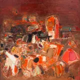 Nikolay Yanakiev, Composition in red, 1986, маслени бои върху шперплат