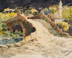 The Arapovski Bridge in Karlovo by Jordan Geshev, акварел върху хартия, sold Dec 2025