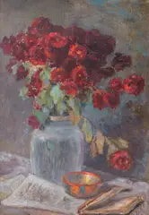 Red chrysanthemums by Boris Stefchev, маслени бои върху платно, sold Dec 2025