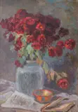 Boris Stefchev, Red chrysanthemums, маслени бои върху платно