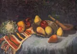 Patriki Sandev, Still life with apples, pears and cauliflower, маслени бои върху платно