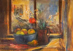 Simeon Nikolov, Still life with vase and fruits, маслени бои върху платно