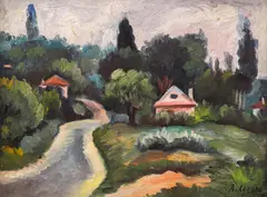 Vera Lukova, The house by the road, маслени бои върху картон