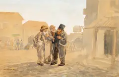 Socoteli by Ignat Bednarik, anii '20, acuarelă și guașă pe hârtie lipită pe carton, sold Dec 2025