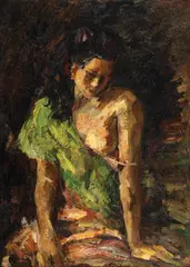 Șalul verde by Rudolf Schweitzer–Cumpăna, ulei pe carton, sold Dec 2025